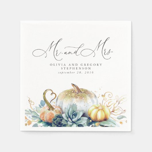 Succulenten Gouden Pompoenen Herfst Bruiloft Servet (Voorkant)