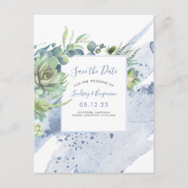 Succulenten Green Dusty Blue Save the Date Aankondigingskaart