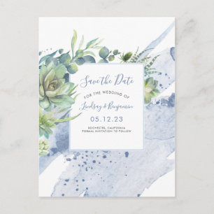 Succulenten Green Dusty Blue Save the Date Aankondigingskaart