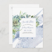 Succulenten Green Dusty Blue Save the Date Aankondigingskaart (Voorkant / Achterkant)
