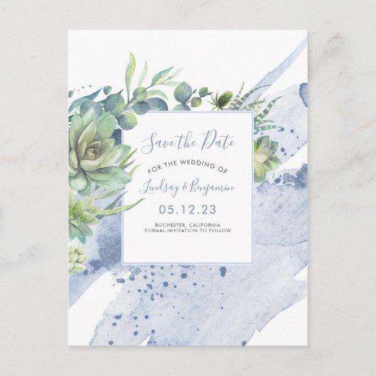 Succulenten Green Dusty Blue Save the Date Aankondigingskaart (Voorkant)