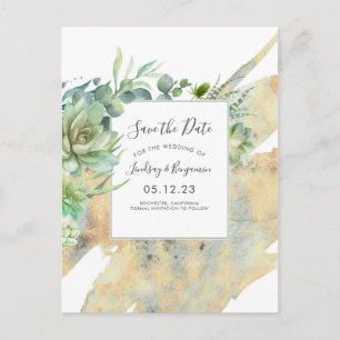 Succulenten Green Gold Spletters Save the Date Aankondigingskaart