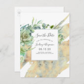 Succulenten Green Gold Spletters Save the Date Aankondigingskaart (Voorkant / Achterkant)