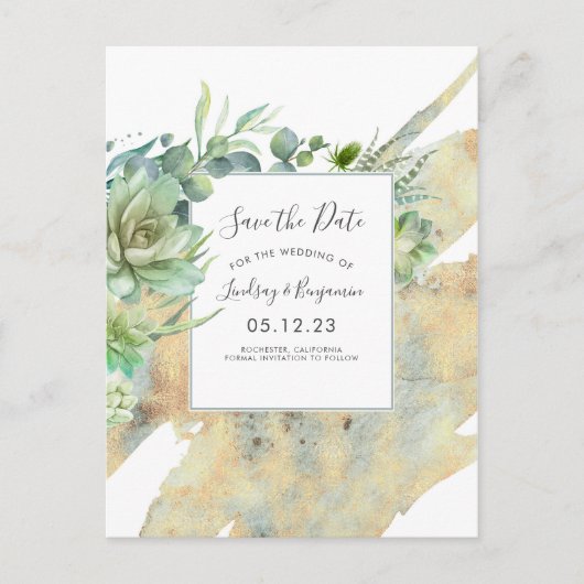 Succulenten Green Gold Spletters Save the Date Aankondigingskaart (Voorkant)