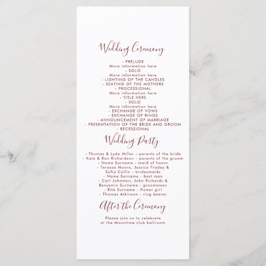 Succulenten groen bordeaux rode bruiloft programma programmakaart (Achterkant)