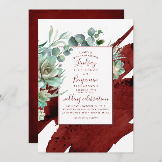 Succulenten groen bordeaux rood moderne bruiloft kaart (Voorkant / Achterkant)
