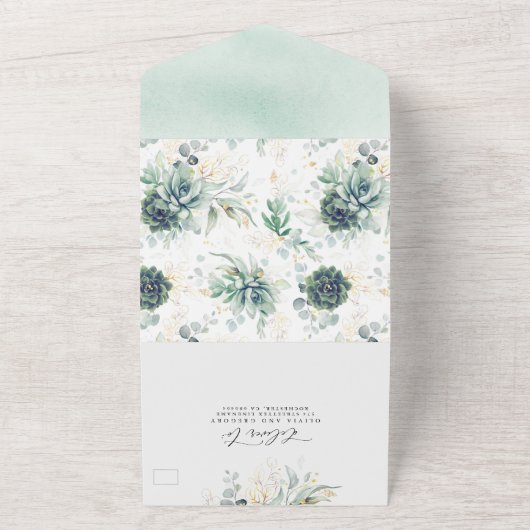 Succulenten groen en gouden bladeren bruiloft all in one uitnodiging (Buitenkant)