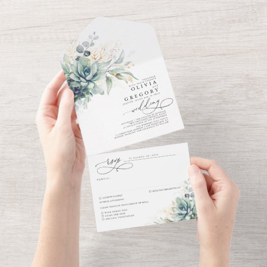 Succulenten groen en gouden bladeren bruiloft all in one uitnodiging (Afscheurbaar)