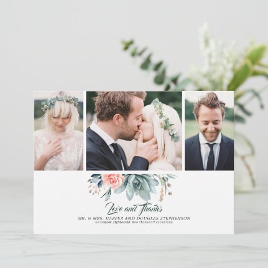 Succulenten groen en roze roos 3 foto's bruiloft bedankkaart (Staand voorkant)