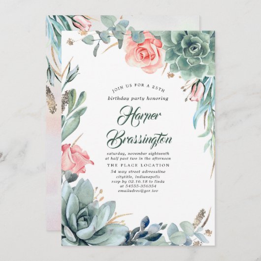 Succulenten Groen en Roze Rose Verjaardagsfeestje Kaart (Voorkant / Achterkant)