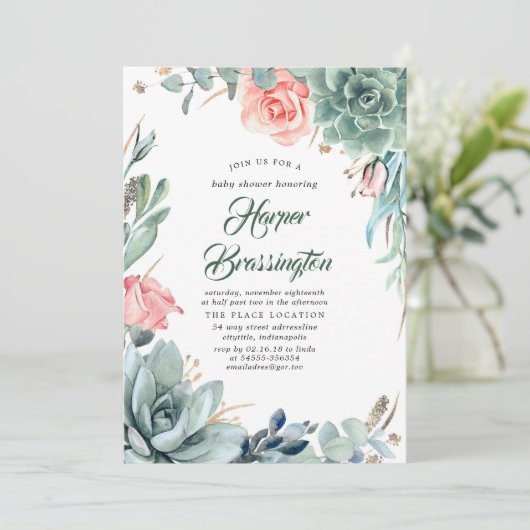 Succulenten Groen en Roze Roze Baby shower Kaart (Staand voorkant)