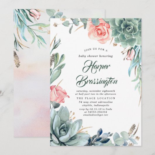 Succulenten Groen en Roze Roze Baby shower Kaart (Voorkant / Achterkant)