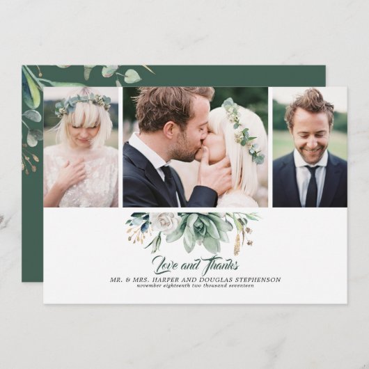 Succulenten groen en witte roos bruiloft foto's bedankkaart (Voorkant / Achterkant)