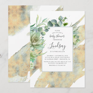 Succulenten Groen Goud Waterverven Baby shower Kaart