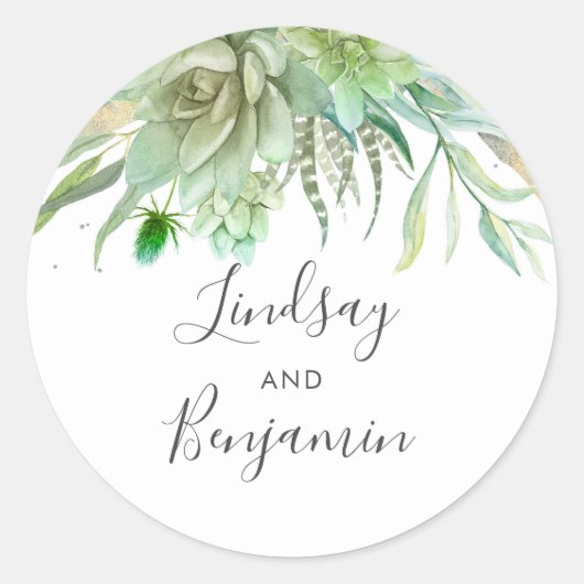 Succulenten groen gouden bruiloft ronde sticker (Voorkant)