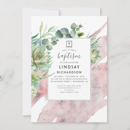 Succulenten Groen Roos Goud Glitter Doop Kaart (Voorkant)