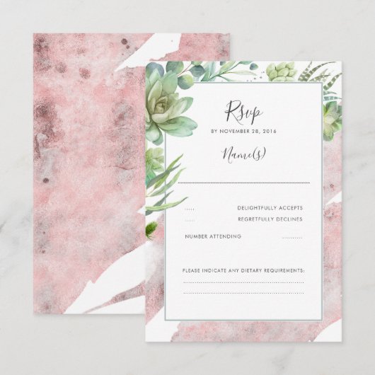 Succulenten Groen Roos Goud Modern Bruiloft RSVP Kaartje (Voorkant / Achterkant)
