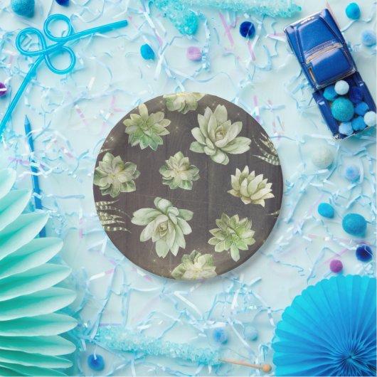 Succulenten groen rustiek hout bruiloft papieren bordje (Feest)