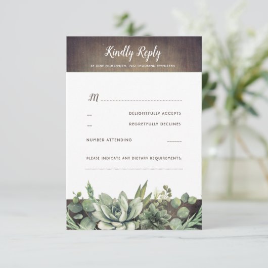 Succulenten Groen Rustiek Land Bruiloft RSVP (Staand voorkant)