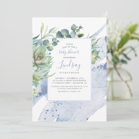 Succulenten Groen Stoffig Blauw Baby shower Kaart (Staand voorkant)