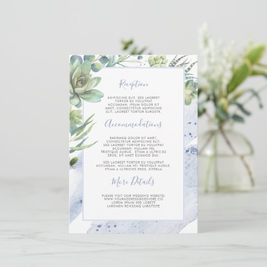 Succulenten Groen Stoffig Blauw Bruiloft Informati Informatiekaartje (Staand voorkant)