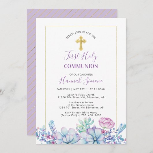 Succulenten & Kruis | Meisje Eerste Heilige Commun Kaart (Voorkant / Achterkant)