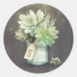 Succulenten Mason Jar Rustieke Bruiloft Initialen Ronde Sticker