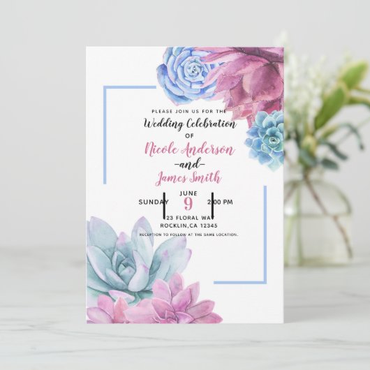 Succulenten Modern Chique Waterverf Bruiloft Fiest Kaart (Staand voorkant)