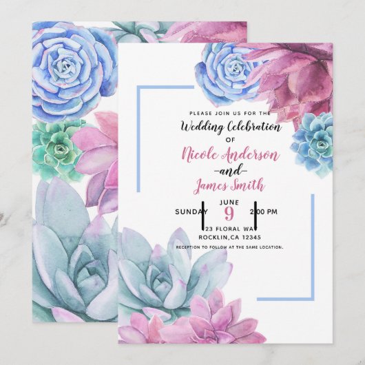 Succulenten Modern Chique Waterverf Bruiloft Fiest Kaart (Voorkant / Achterkant)