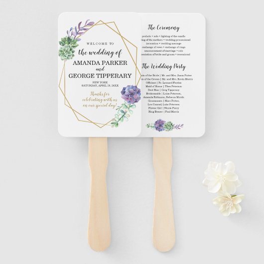 Succulenten op geometrisch lijst bruiloft programm handwaaier (Voorkant en achterkant)