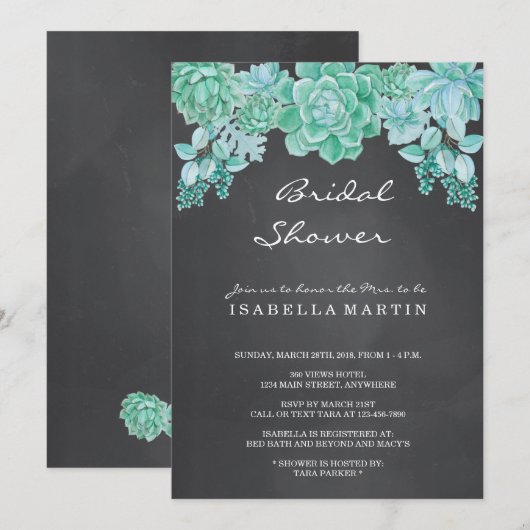 Succulenten op schoolbord bruids douche uitnodigin kaart (Voorkant / Achterkant)