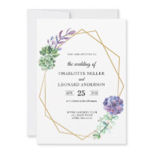 Succulenten paarse bruiloft uitnodiging goud elega