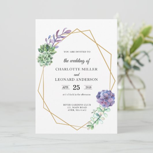 Succulenten paarse bruiloft uitnodiging goud elega (Staand voorkant)