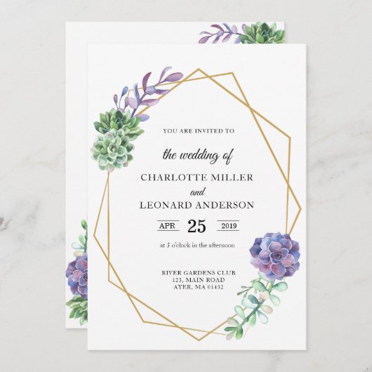 Succulenten paarse bruiloft uitnodiging goud elega (Voorkant / Achterkant)