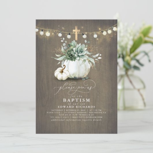 Succulenten Pompoenen Goud Kruis Herfst Doop Kaart (Staand voorkant)