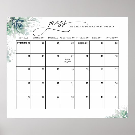 Succulenten Raad de Bevalling Datum Kalender Poster (Voorkant)