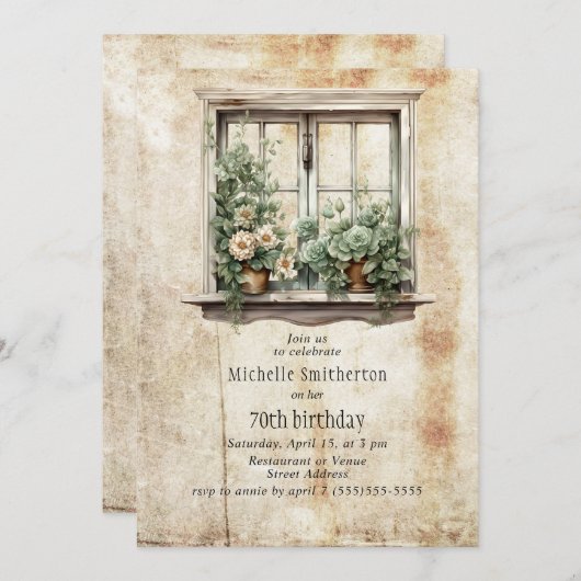 Succulenten Raam Tuin Rustiek 70e Verjaardag Kaart (Voorkant / Achterkant)