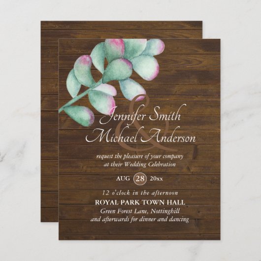 Succulenten Roze Blos Mint Groen Budget Bruiloft (Voorkant / Achterkant)