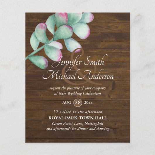 Succulenten Roze Blos Mint Groen Budget Bruiloft (Voorkant)