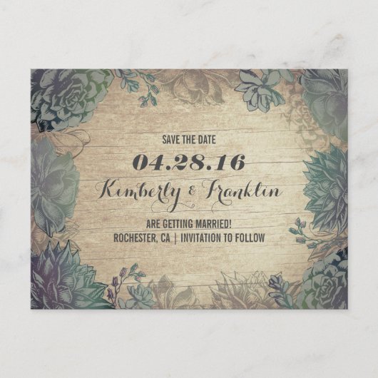Succulenten Rustic Floral Save the Date Aankondigingskaart (Voorkant)