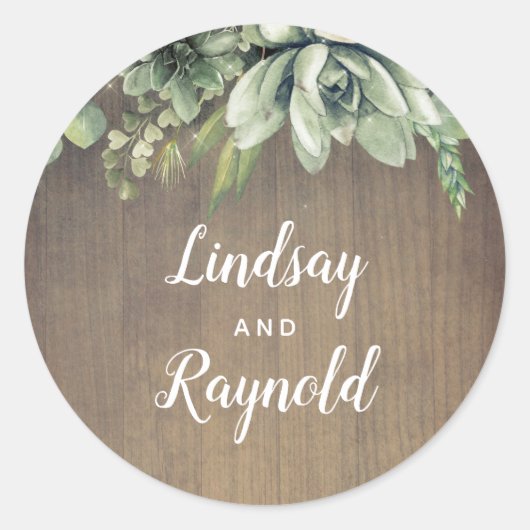 Succulenten Rustiek Land Bruiloft Ronde Sticker (Voorkant)