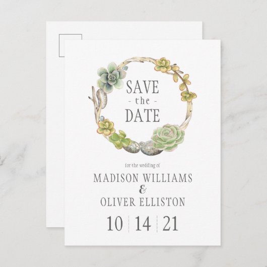 Succulenten, Twigs en Stenen | Datum opslaan Briefkaart (Voorkant / Achterkant)