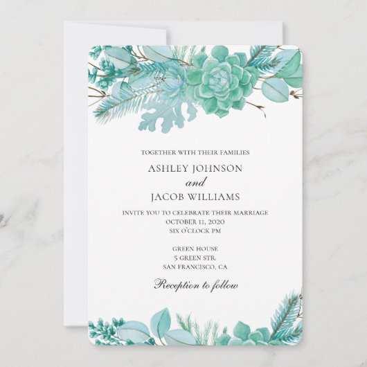 Succulenten uitnodiging. Munt bruiloft cactus. Flo Kaart (Voorkant)