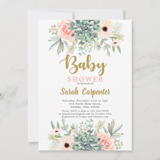 Succulenten waterverf floraal Baby shower Kaart (Voorkant)