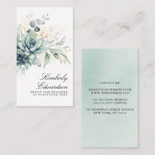 Succulents and Gold Greenery Elegant Boho Foliage Visitekaartje (Voorkant / Achterkant)