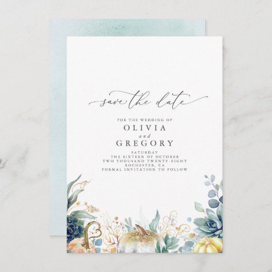 Succulents and Gold Pumpkins Herfst Save the Date Aankondiging (Voorkant / Achterkant)