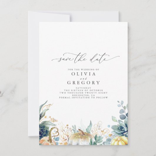 Succulents and Gold Pumpkins Herfst Save the Date Aankondiging (Voorkant)
