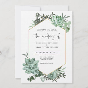 Succulents and Gold Wedding Invitation Kaart