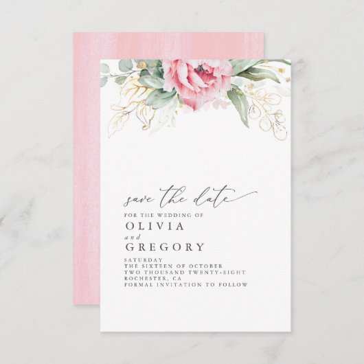 Succulents and Roze Flowers Save the Date Aankondiging (Voorkant / Achterkant)