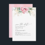 Succulents and Roze Flowers Save the Date Aankondiging<br><div class="desc">Waterverf eucalyptusbladeren,  roze bloemen,  goudsucculenten groen behalve de datum van de platte kaart</div>